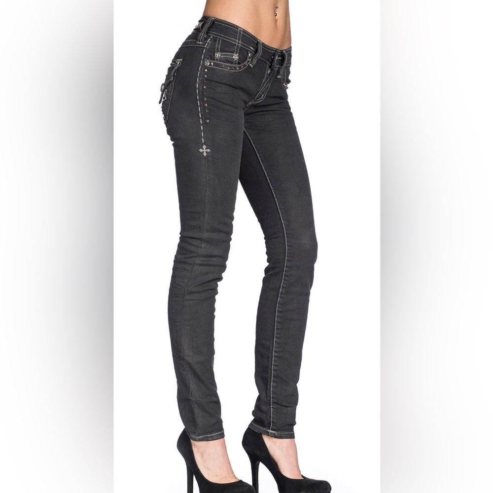 NWT Affliction Raquel Stud Cutout Flap Black Sparkle Jeans